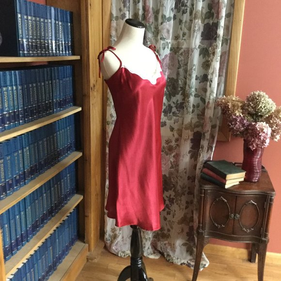 Red with White Lace Trim Charmeuse Chemise Nightie - Picture 2 of 7